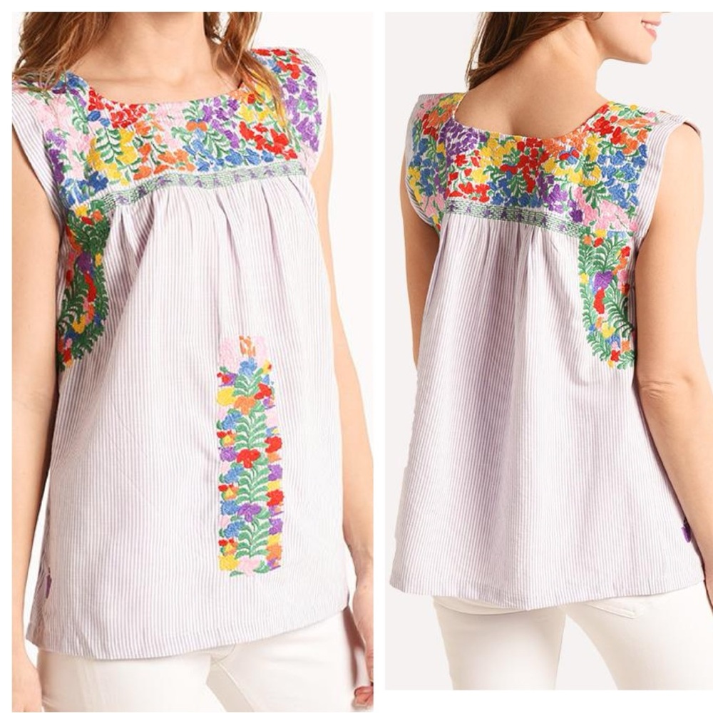 J Marie Floral Embroidered purple and white seersucker sleeveless top size small